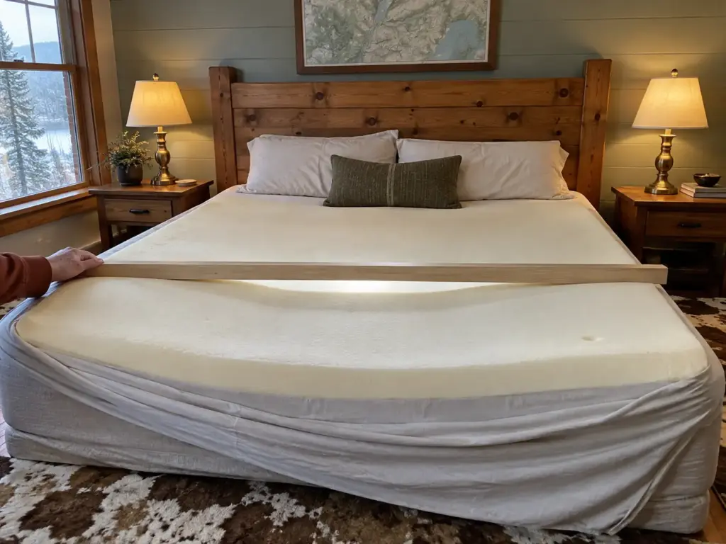 A straight length of pine trim laid across an old foam topper, daylight showing under the middle where the foam has sunk