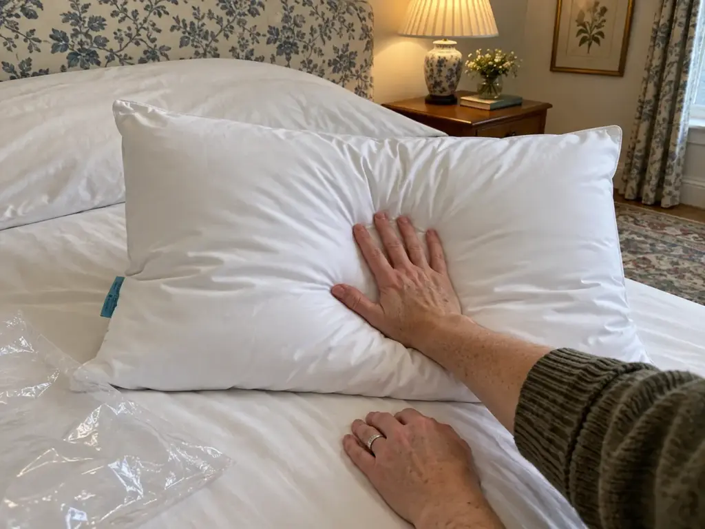 Hands pressing a new firm hotel-style pillow on a made bed beside its open shipping bag