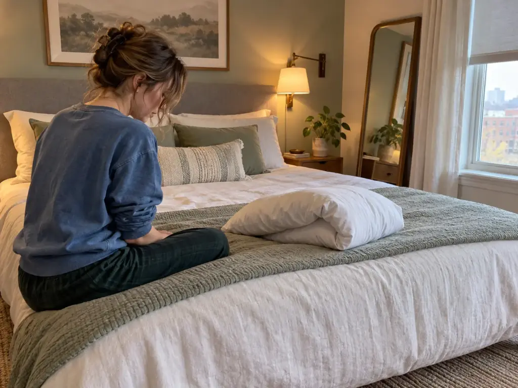 A woman seated at the edge of the bed looks down at a pillow lying still folded in half where she let it go