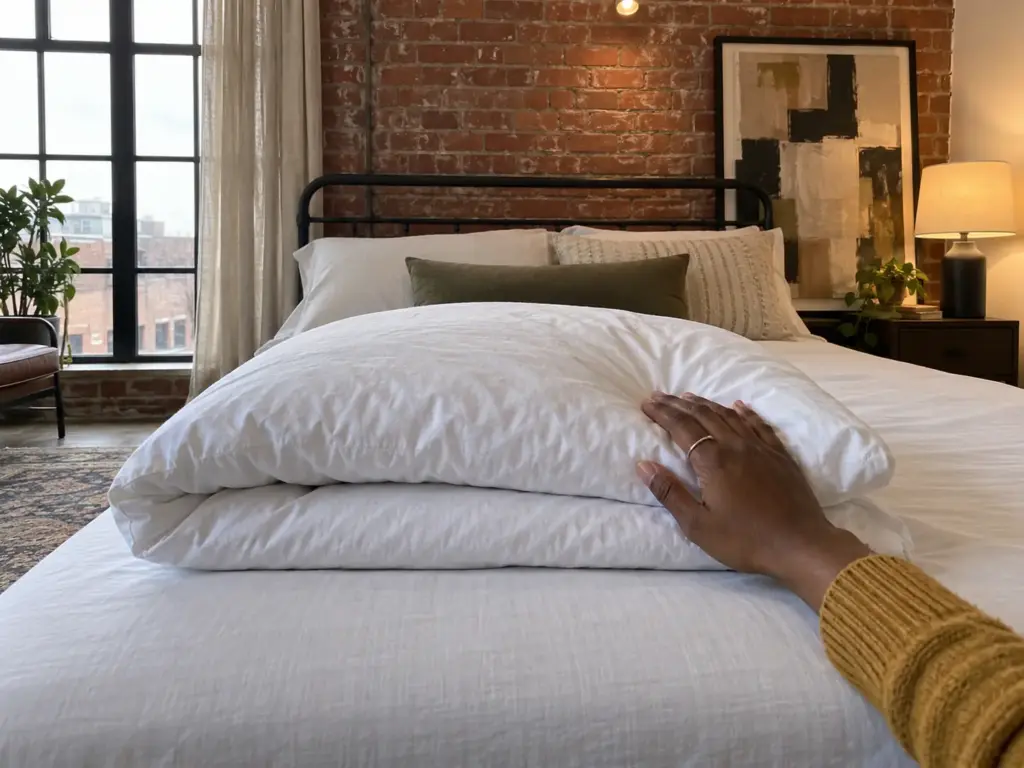 A pillow folded in half on a bed and staying folded, a hand resting on the fold, in a warehouse loft bedroom