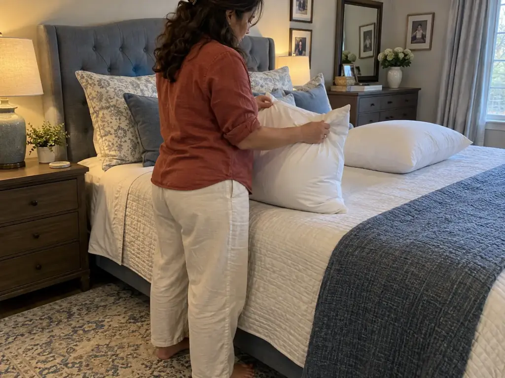 Woman at the side of a made bed squeezing a pillow from both ends to open up its fill