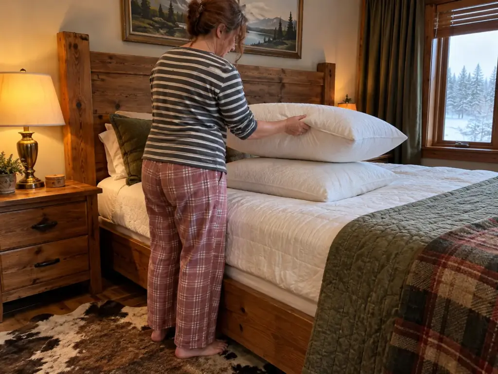 Woman lifting the top pillow off a stack of two on a thick mattress with a quilted topper