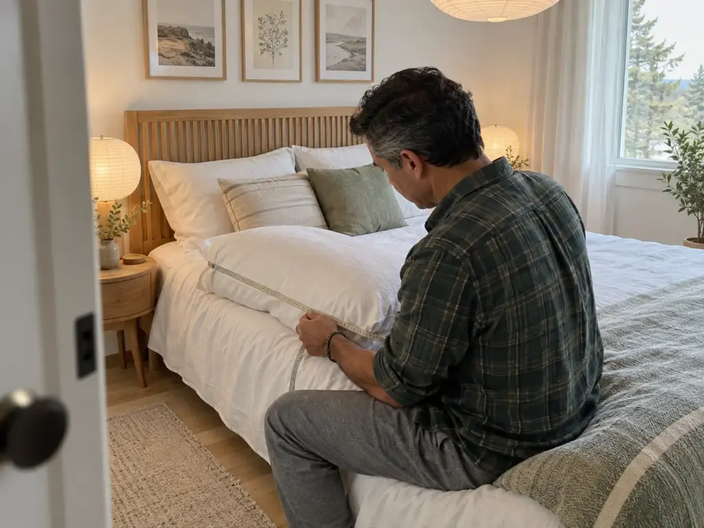 A man seated on the edge of a bed, seen from behind, pulling a cloth tape along the length of a pillow on the mattress