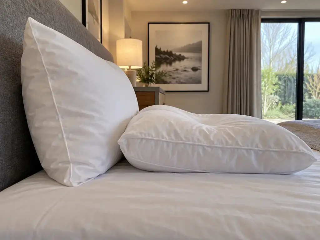 A gusseted polyester pillow with a flat center and fuller edges lying beside a taller pillow on a made bed