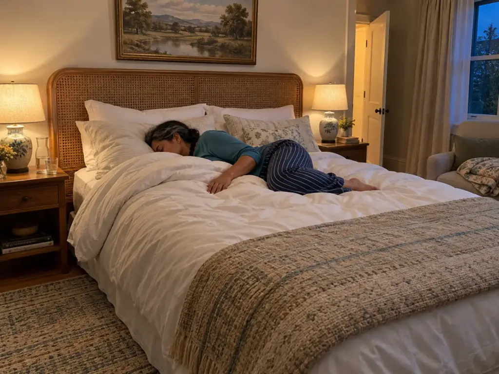 Woman lying on her side in bed at lights-out, knees bent and her head level with her chest, in a guest room