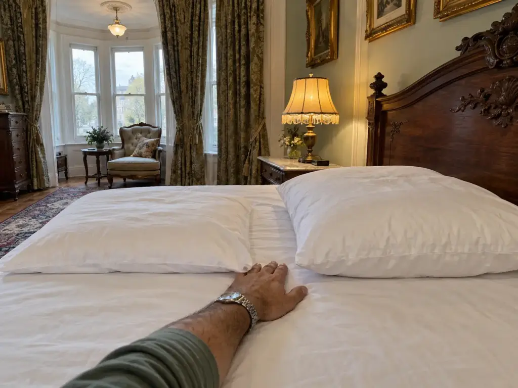 A hand laid flat on the mattress between a thin pillow and a tall pillow on a made queen bed