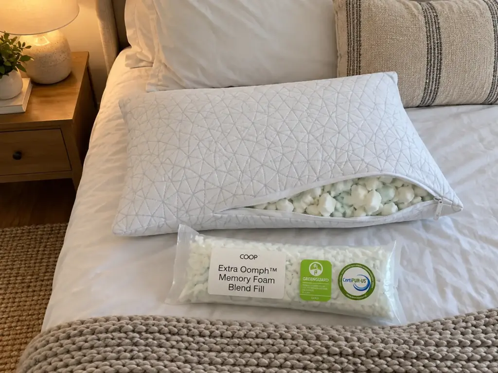 Shredded memory foam pillow with its cover half unzipped and a bag of spare fill beside it on a made bed