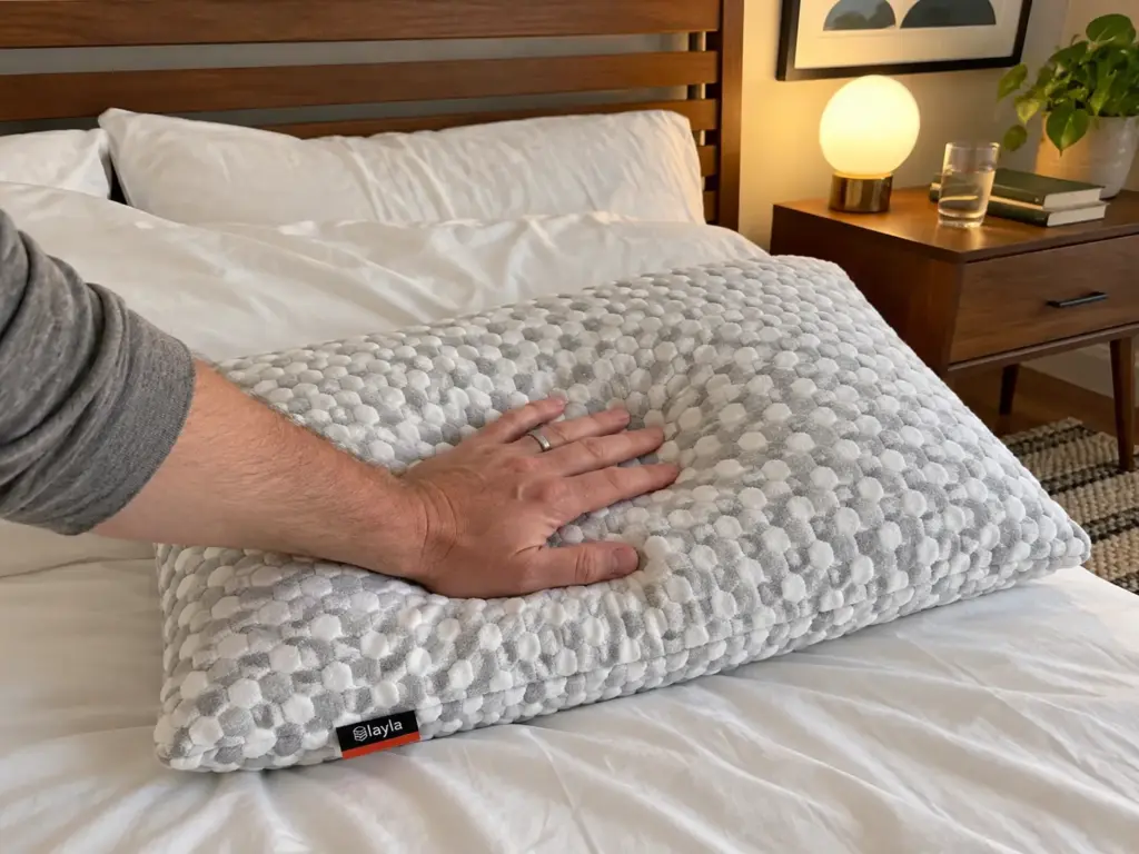 Hand resting flat on a pillow still holding the shape of a head on a made bed