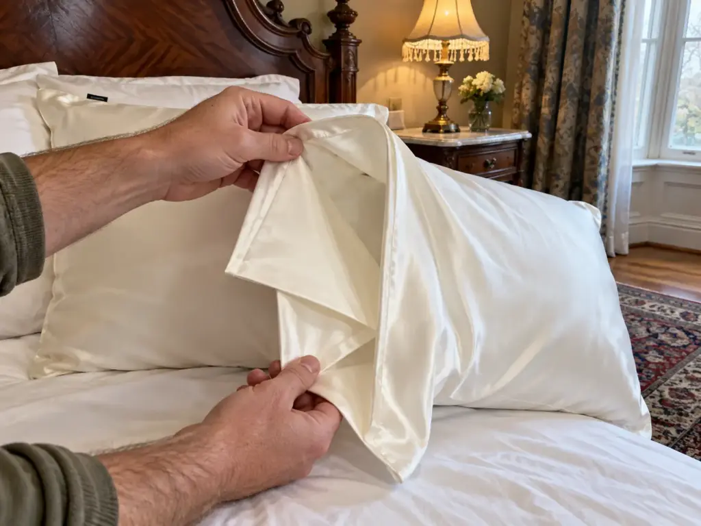 Man's hands holding open an ivory silk envelope pillowcase to show the overlapping back flap and side seam