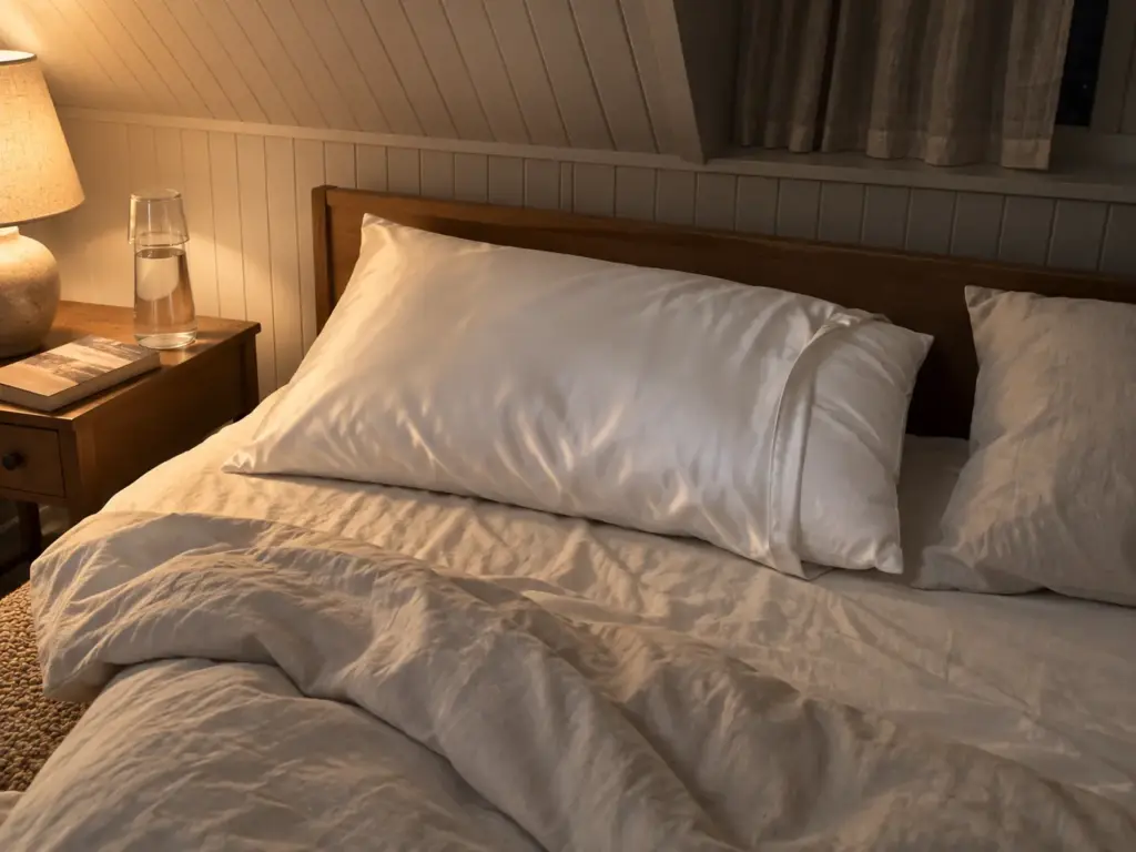 Silk pillowcase with the pillow sliding half out of its envelope opening in a lamp-lit attic bedroom at night