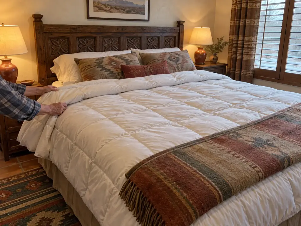 Weathered hands drawing the edge of a thick comforter up toward the pillow on a queen bed, wool throw at the foot