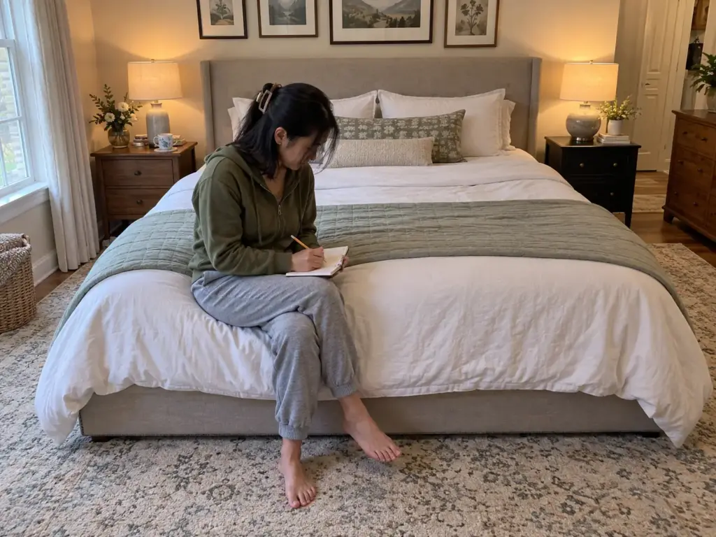 Woman seated on the edge of a made queen bed writing a line in a small notebook on her knee in the morning