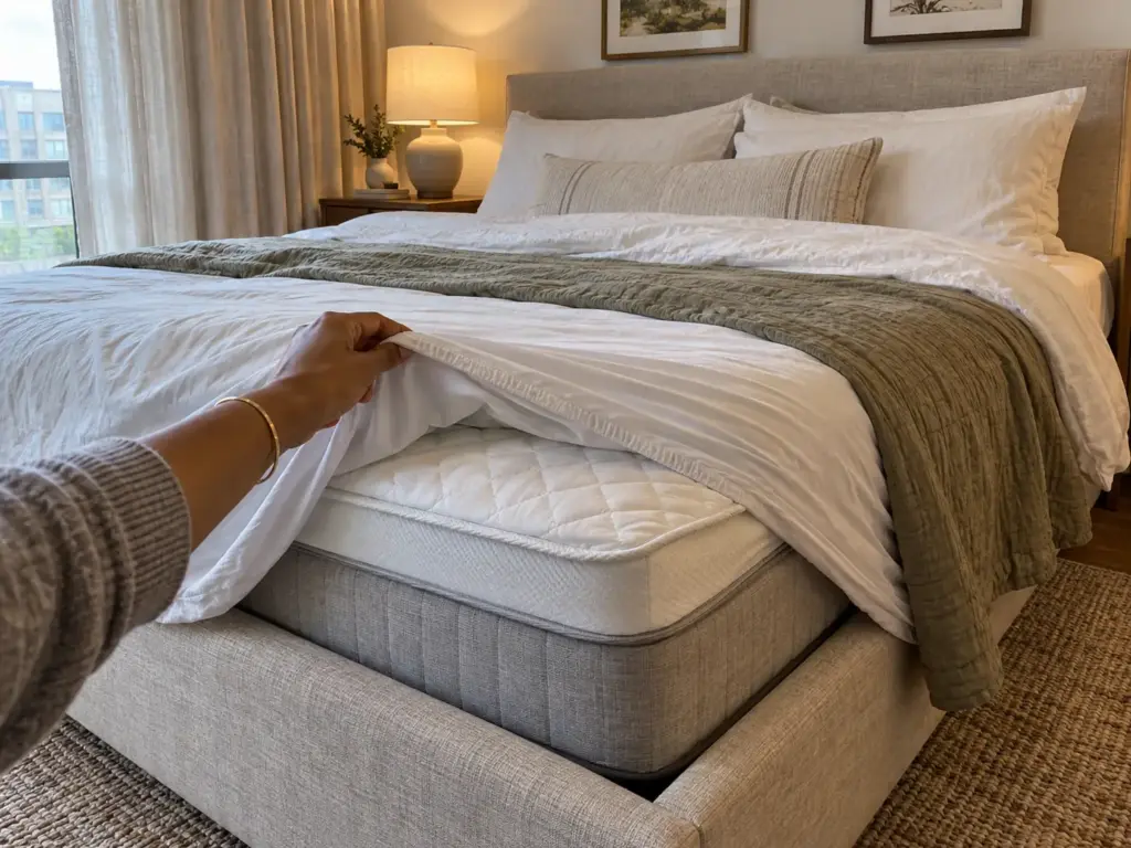 A hand lifts the corner of a fitted sheet to show the mattress protector and the topper's cover stacked beneath it