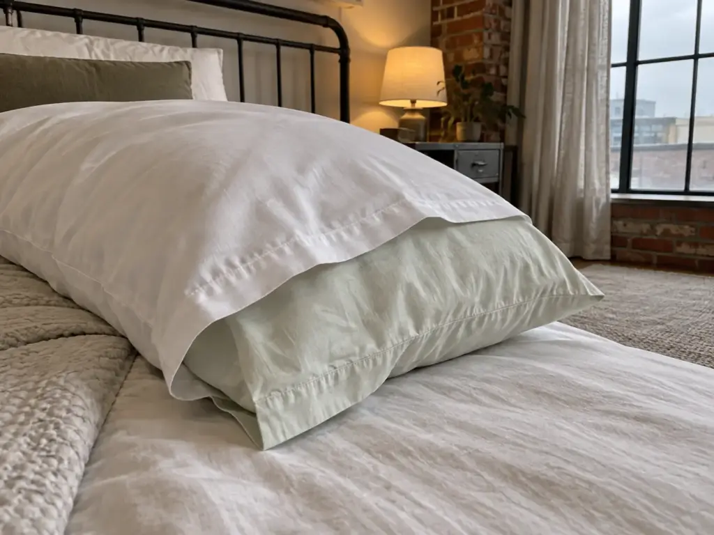 Two pillowcases on one pillow, the outer pulled halfway off to show the second case beneath it