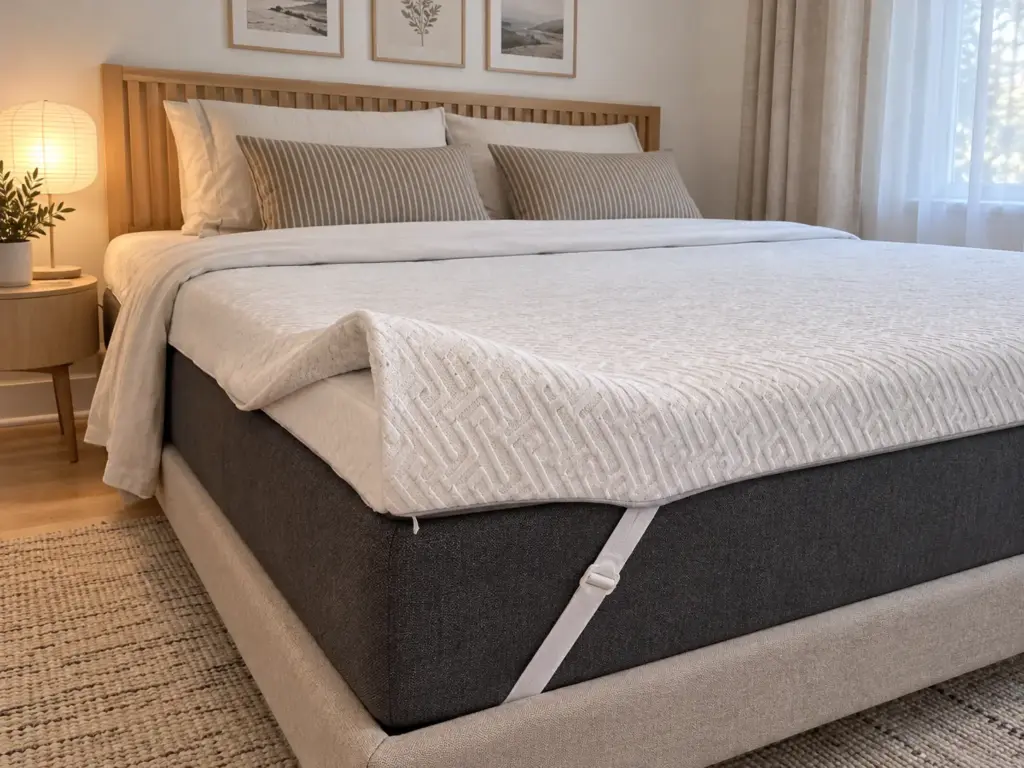 The knit cover of a gel memory foam topper on a made-up queen bed, the near corner turned back to show its edge