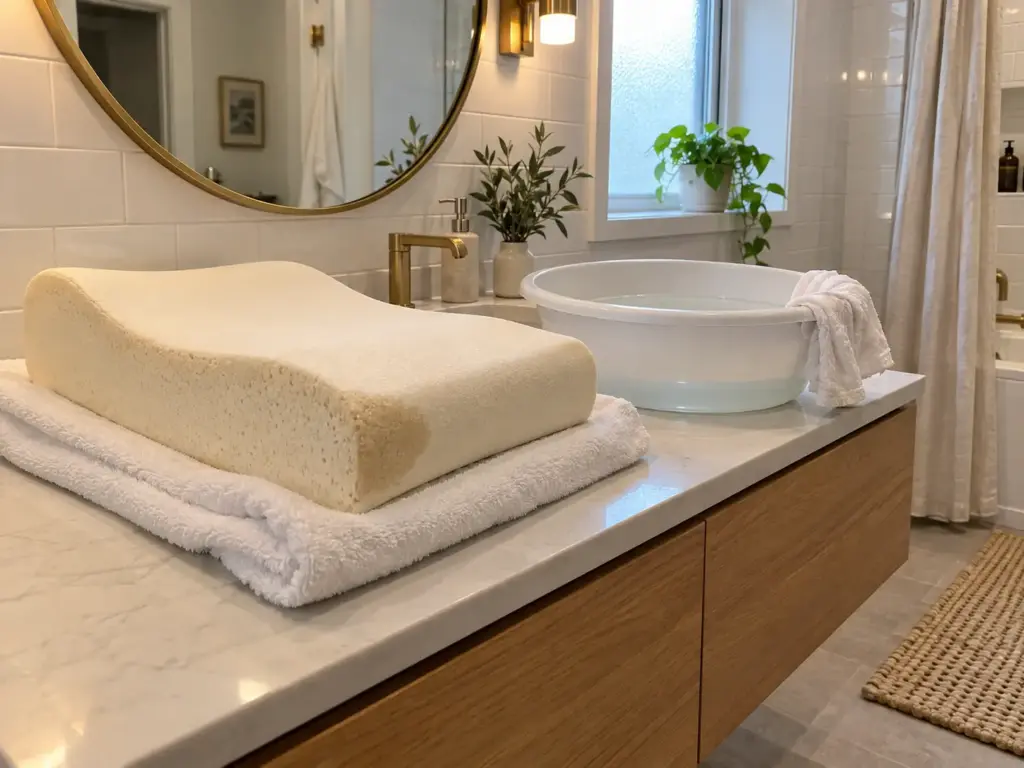 Bare memory foam block on a folded towel beside a shallow basin holding a few inches of water