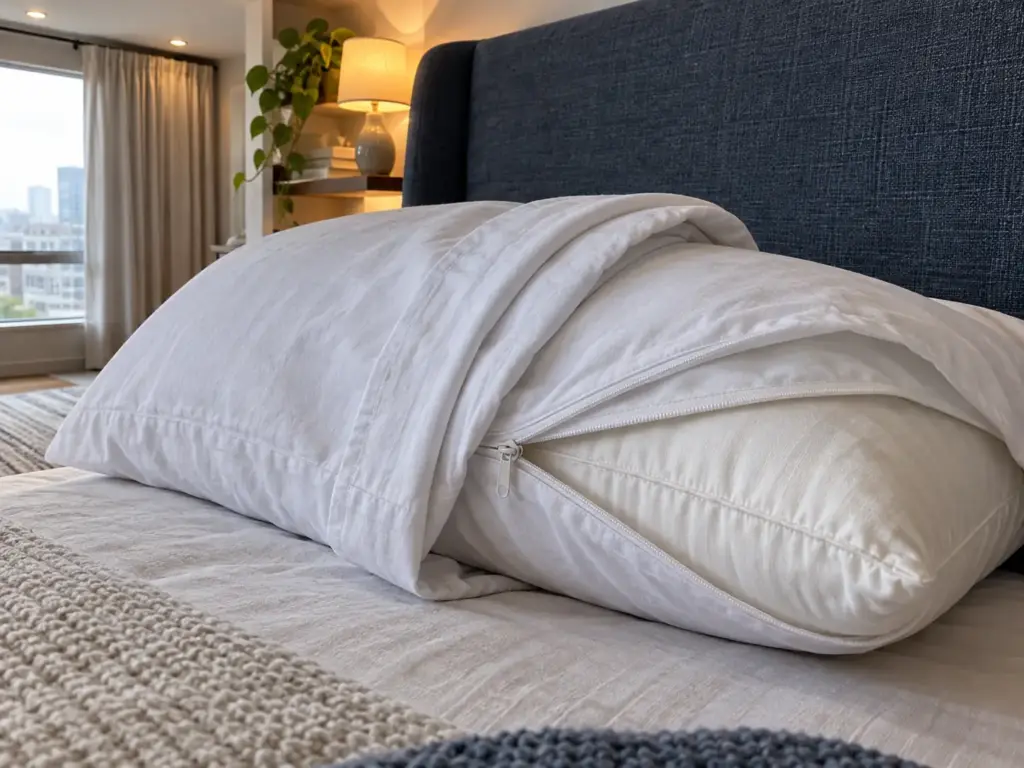 A pillow with its pillowcase pulled halfway down to show the white protector layer underneath on a made bed