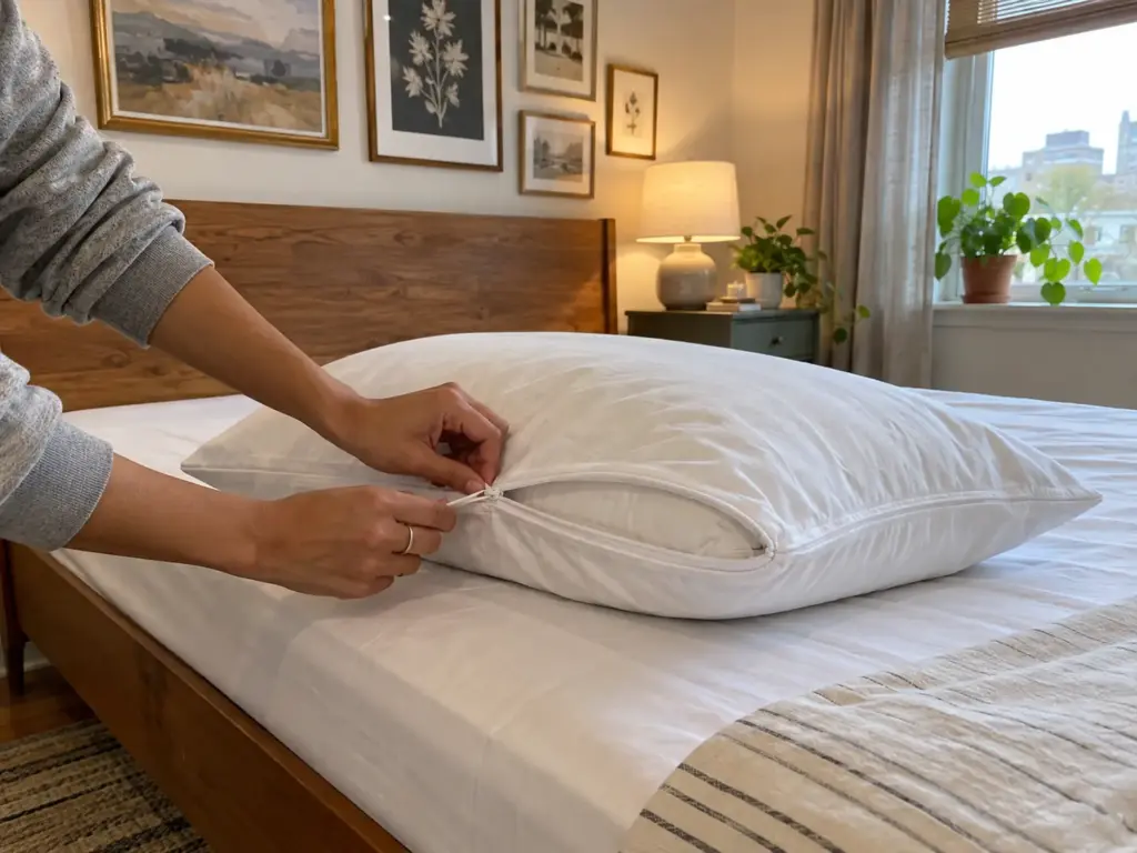 Hands zipping a white cotton protector over a pillow on a bed, the washable layer that protects a pillow's fill