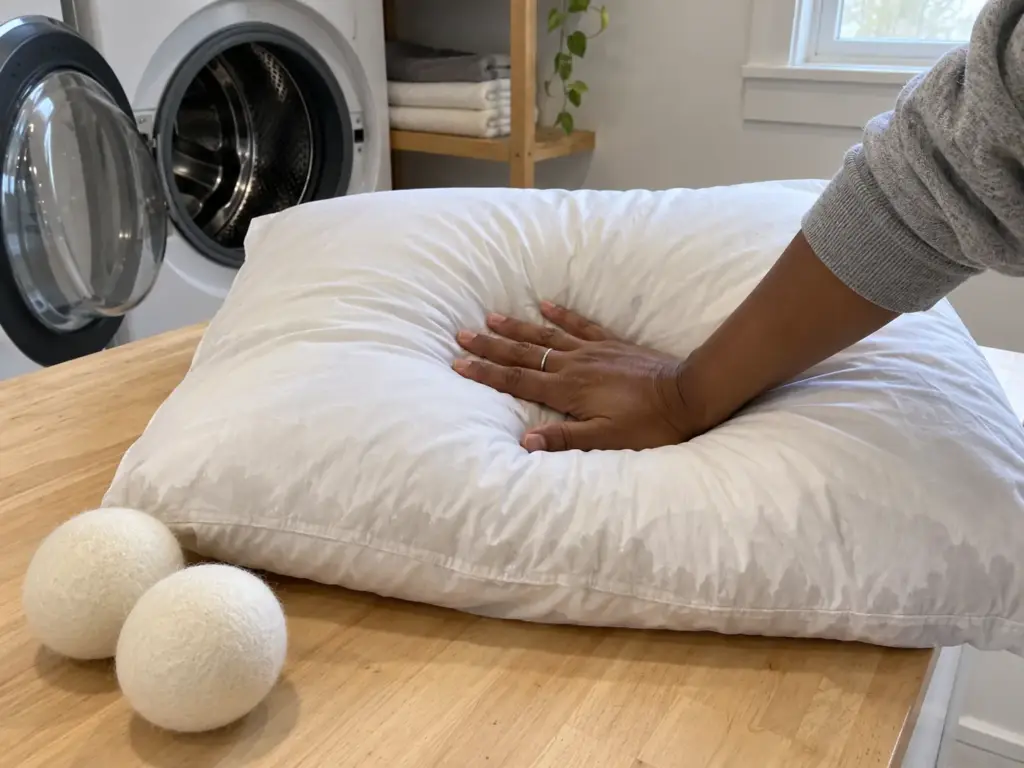 A palm pressing the middle of a spun pillow on a folding counter, with two wool dryer balls beside it