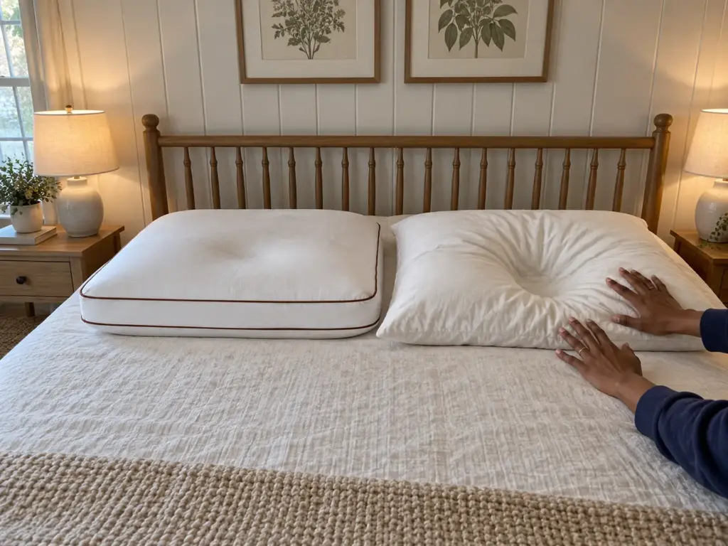 Two pillows on a made queen bed after a hand press, the latex one barely dented and the soft one holding a deep dent