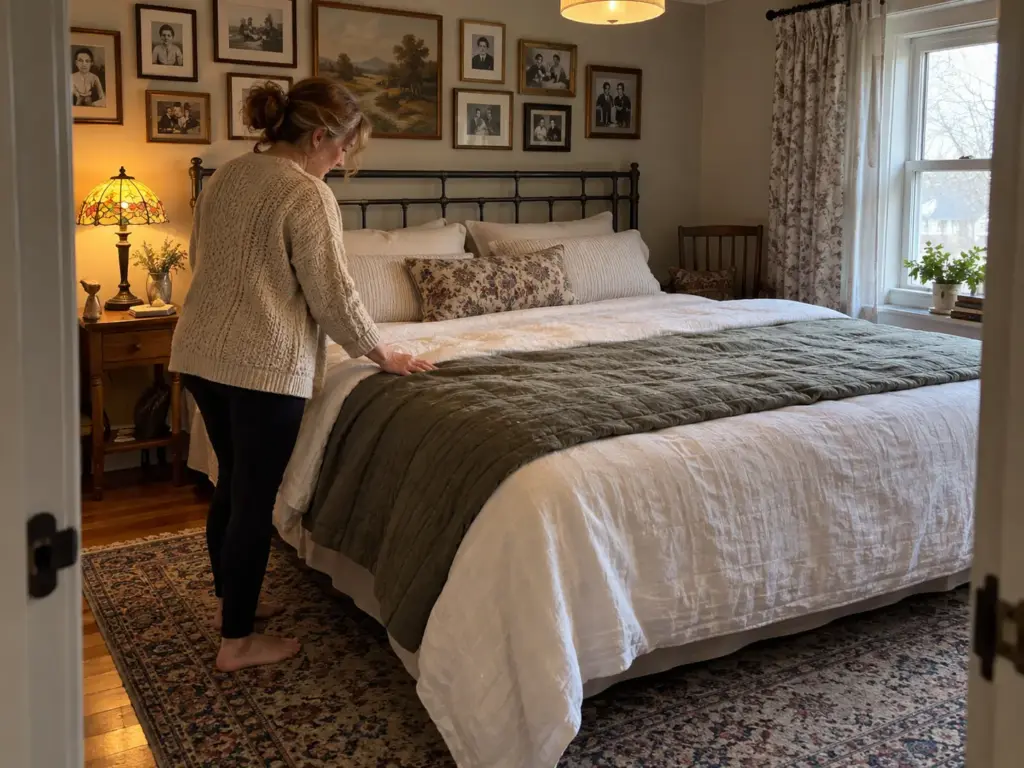 A woman in a cardigan stands at the side of a bed in morning light, resting her hands on the folded-back duvet to air it