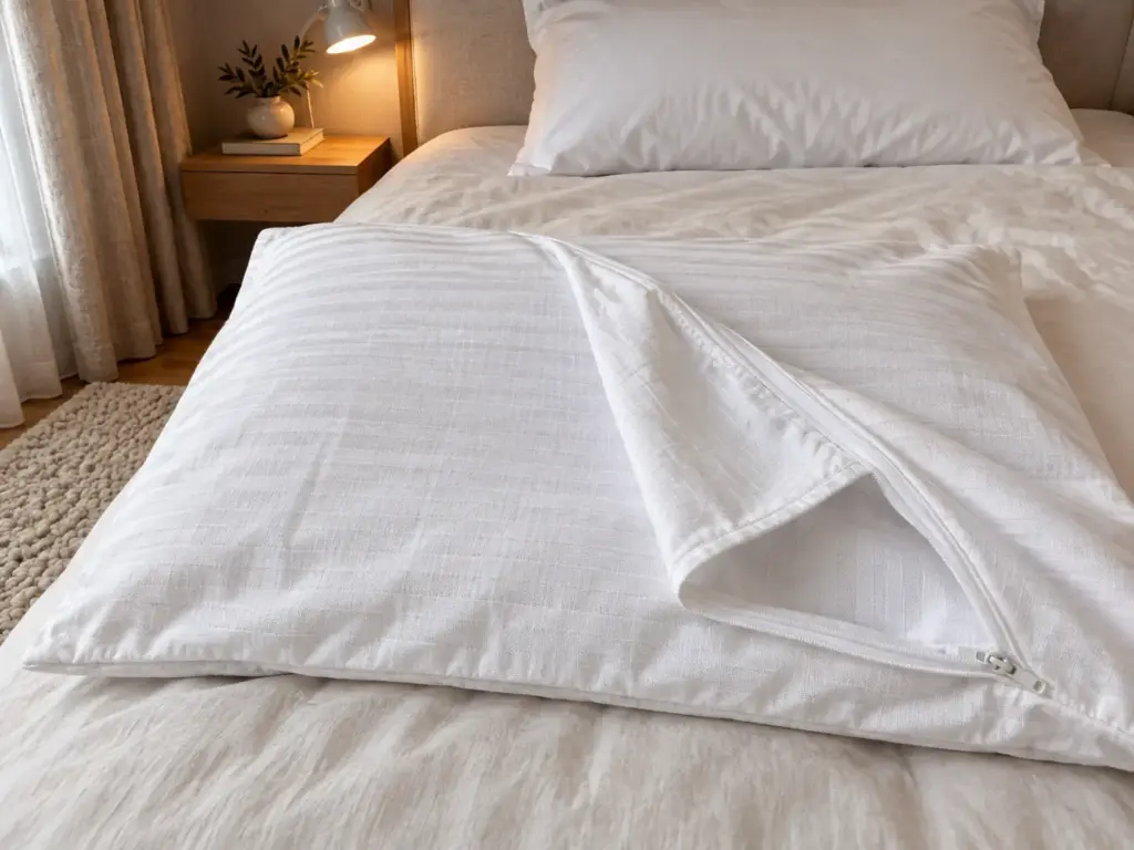 A white cotton pillow protector with a corner folded back to show its inside and zipper, lying on a made bed