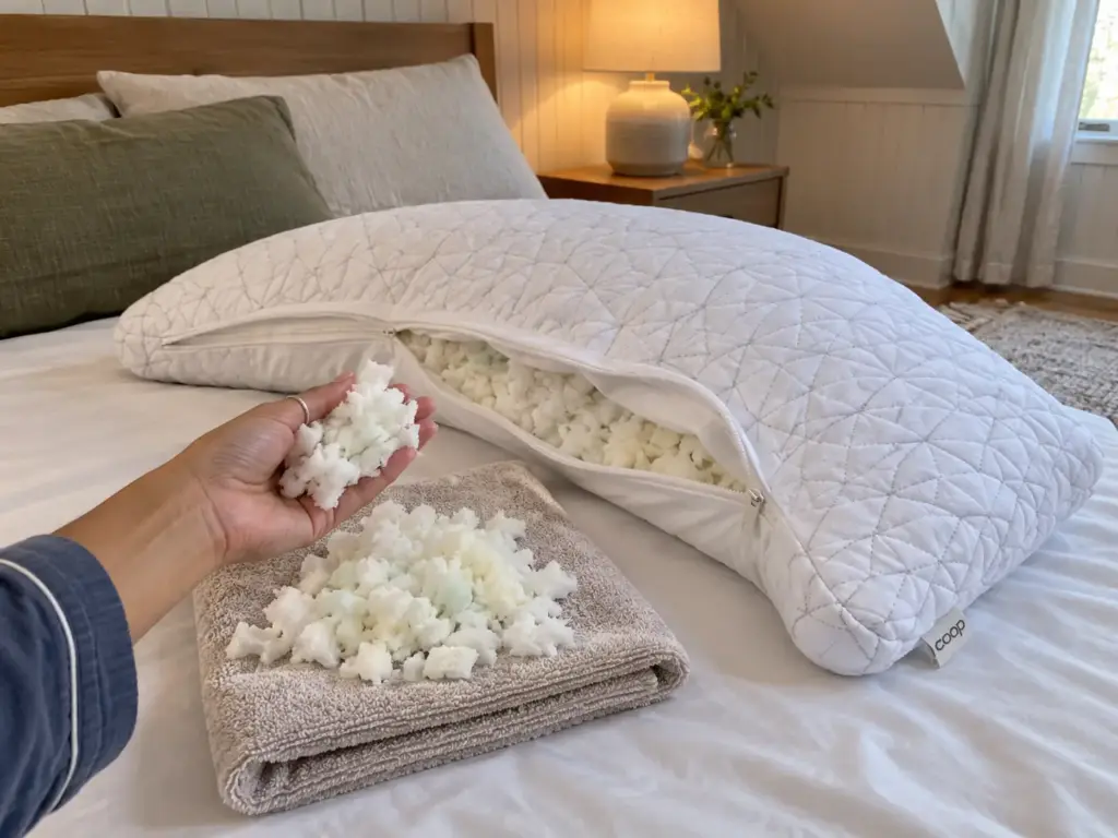 Adjustable crescent pillow with its zipper open and hands easing a handful of shredded foam fill onto a folded towel