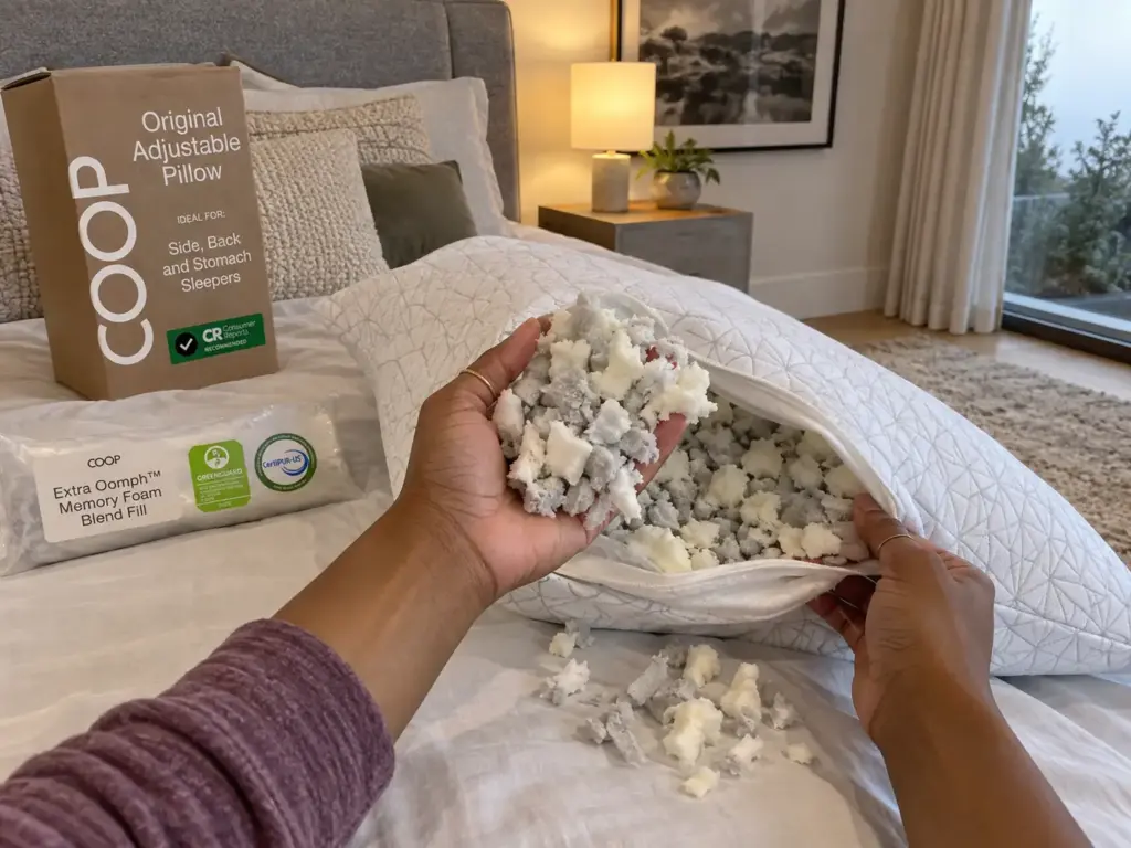 Hands lifting a handful of shredded foam out of an open zipper on an adjustable pillow on a made bed