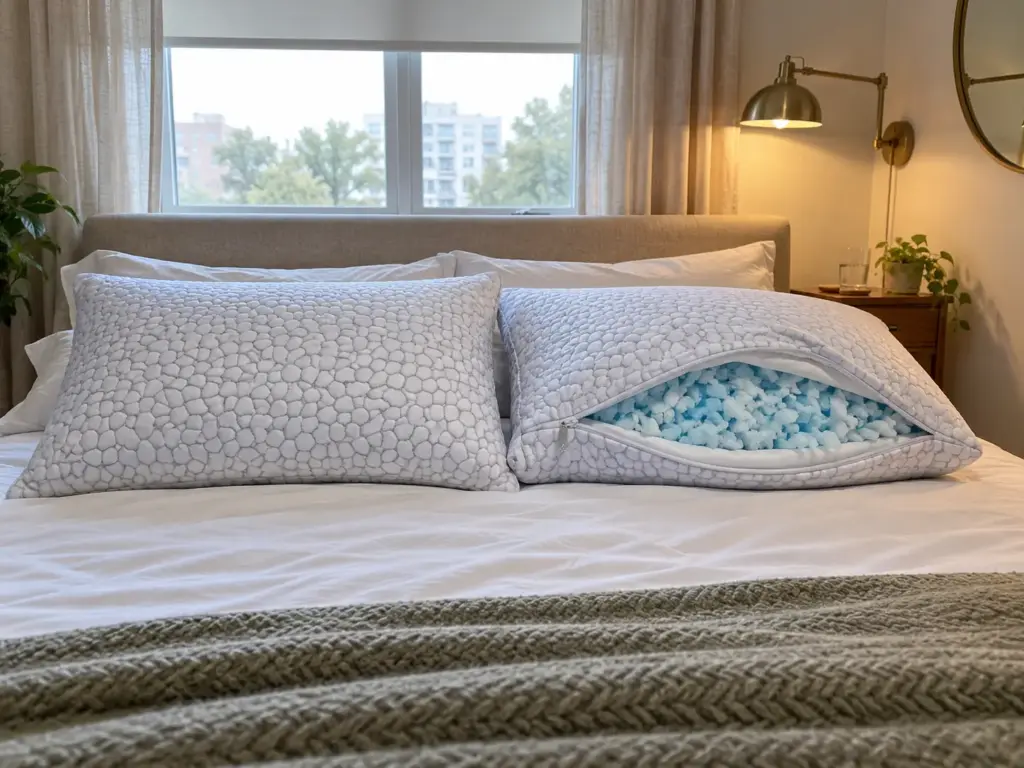 Two queen foam pillows lying side by side on a made bed, one with its inner cover unzipped to show the shredded fill