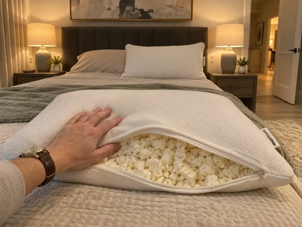 Shredded natural latex pillow with its cotton cover unzipped on a made bed, a hand pressing a shallow dent into it