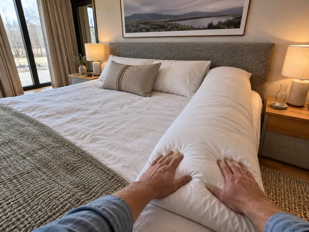 Hands pressing the top of a tall plump body pillow on a queen bed in a barn-conversion bedroom