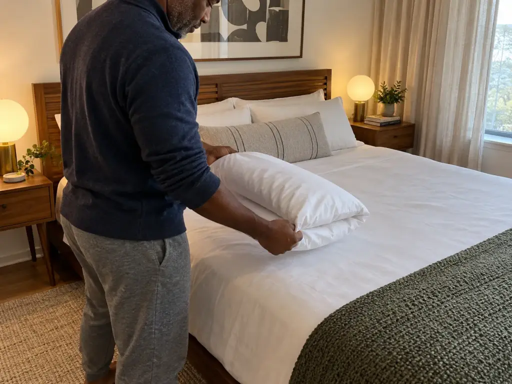 A man folding a flat pillow in half on a made bed to test a taller height, seen from behind