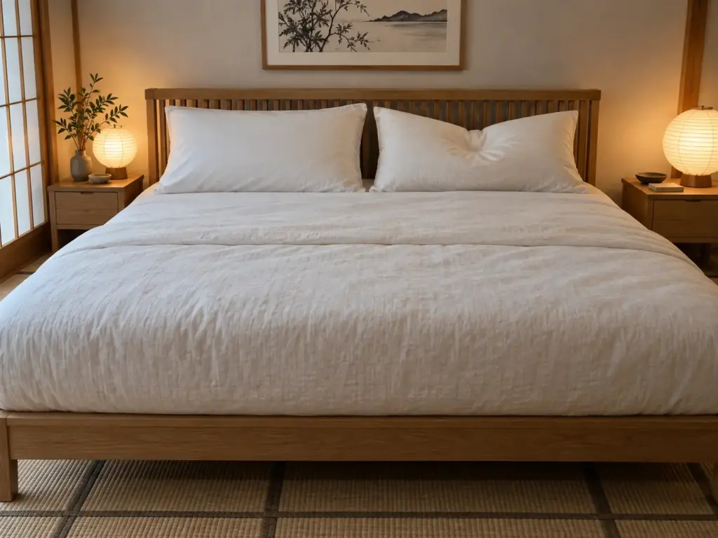 Two pillows side by side on a made bed, one a flat rectangle and one with its middle pressed into a shallow dip