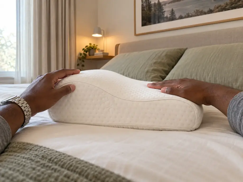 A contoured neck pillow on a made bed with a hand over its dip and fingertips on its raised edge