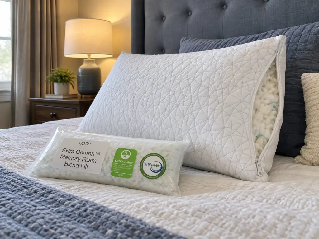 Adjustable memory foam pillow with its zipper opened a little and a bag of extra fill beside it on a made bed