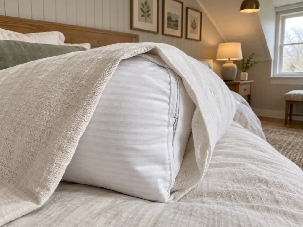 Woven cotton pillow protector with its zipper end leading into a pillowcase on a made attic bed