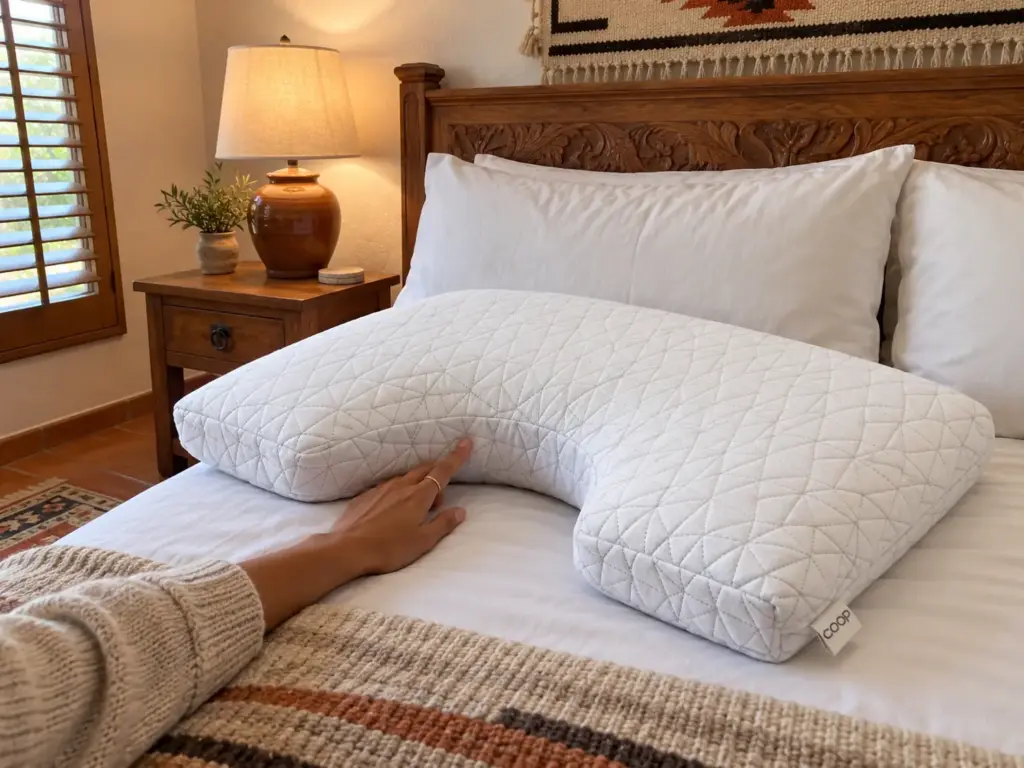 A hand tracing the shoulder cut-out notch of a side sleeper pillow on a made bed in a Southwestern bedroom