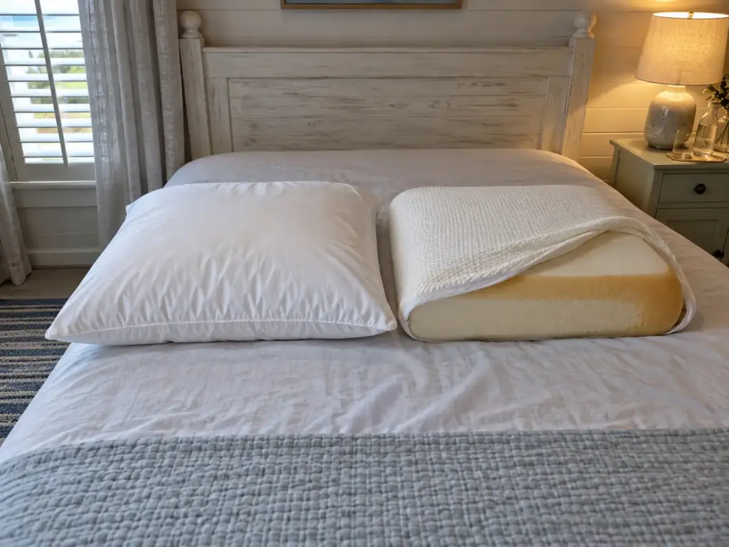 A white-shelled down pillow beside a memory foam pillow with its cover open at one edge, the foam amber where it was cut