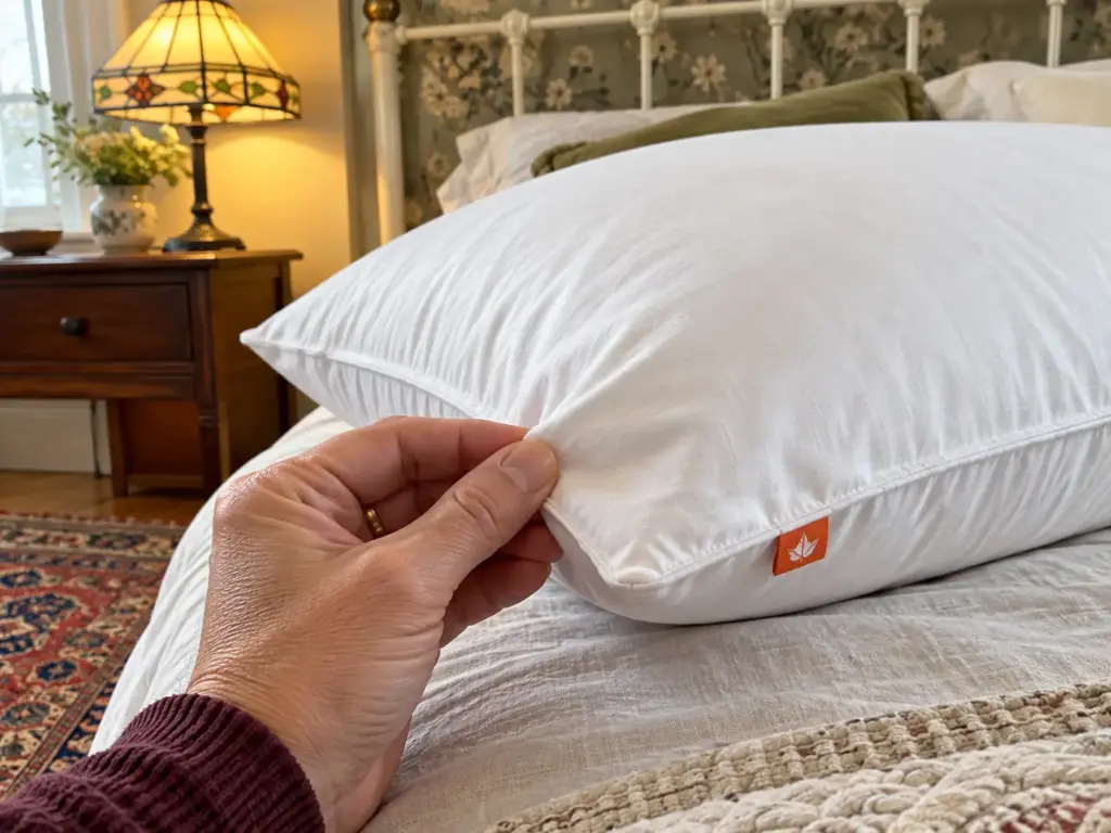 Hand pinching the corner of a white cotton down pillow shell to show the piping and the fill springing back