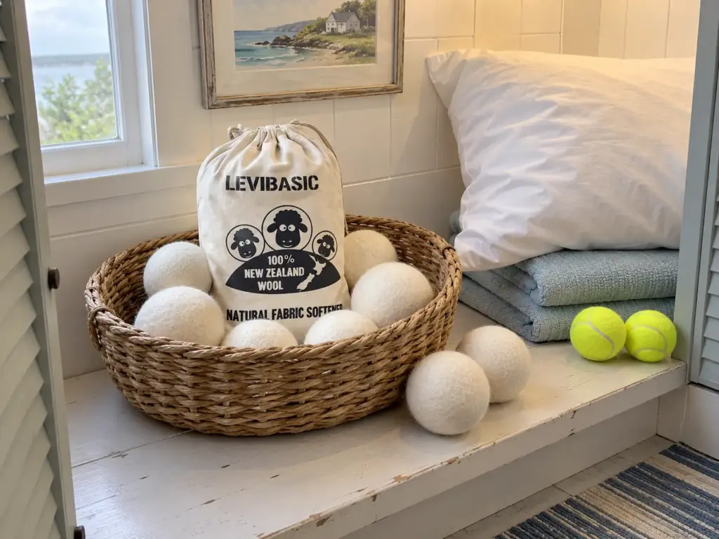 Wool dryer balls in a wicker basket on a laundry bench beside a pillow resting on folded dry towels