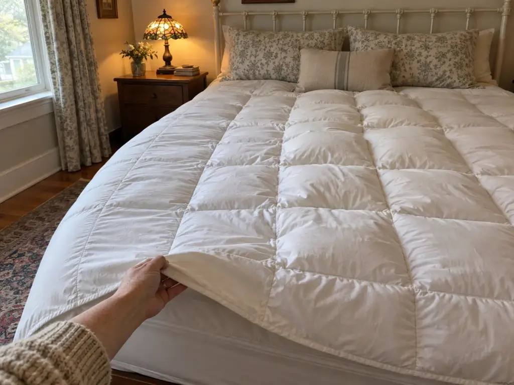 A feather mattress topper in a white quilted cover, its fill bunched in the middle squares and the edge squares flat