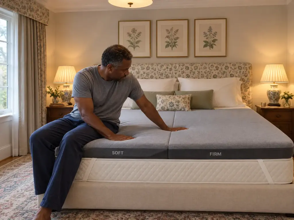 A man seated on the edge of a made bed pressing a palm into each half of a two-zone foam topper