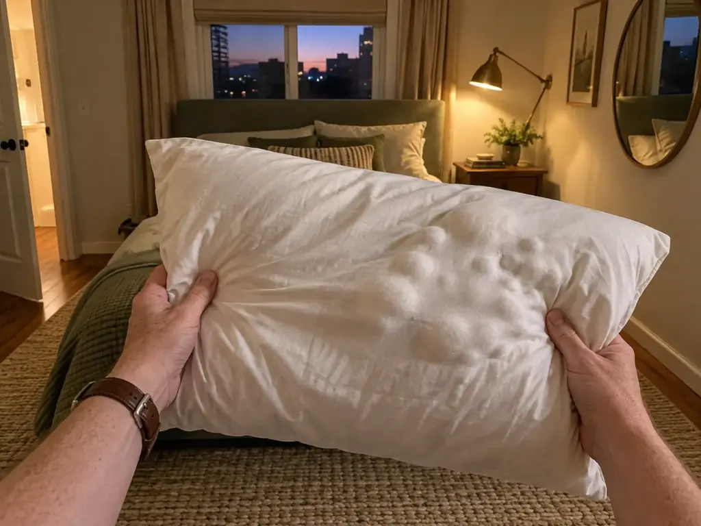 Two hands holding a pillow in a white case up beside a lit lamp so small lumps in the fill show under the fabric