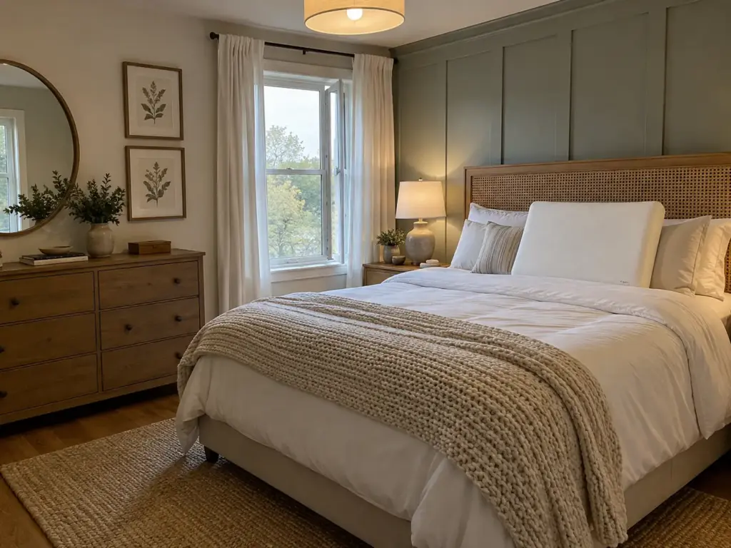 Foam pillow stood upright against the headboard beside an open window on a made bed in a farmhouse bedroom