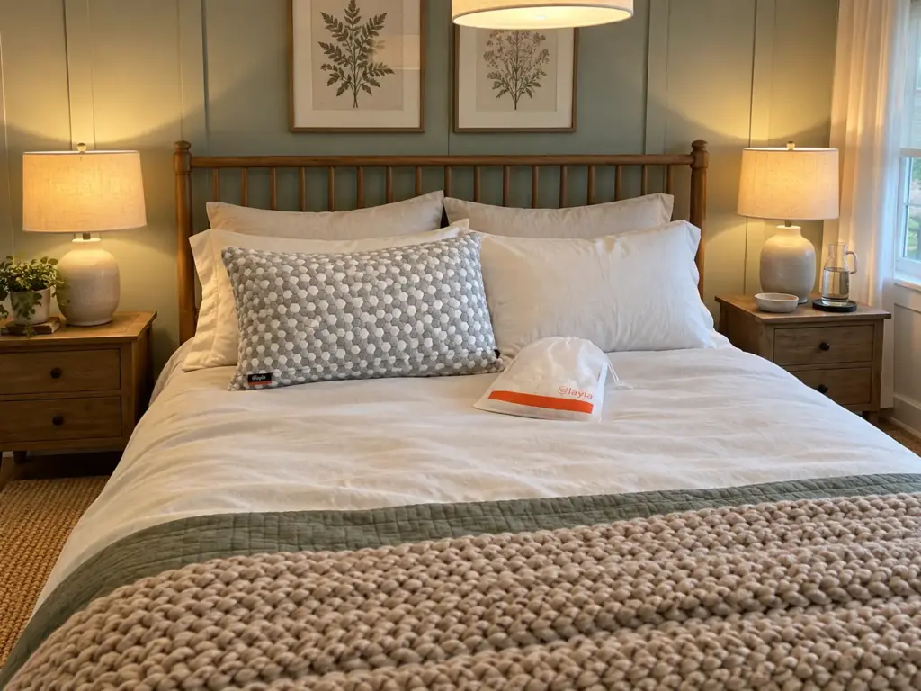 Adjustable kapok pillow standing on a made queen bed beside a folded bag of spare fill