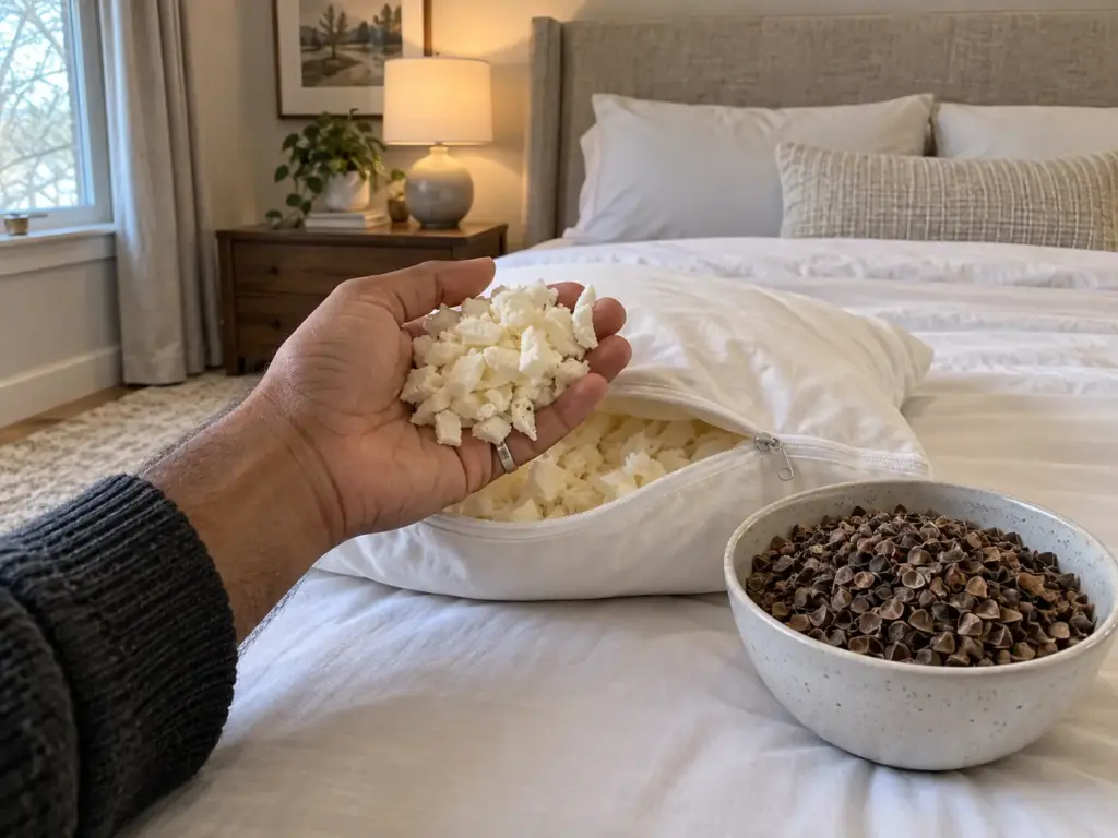 Hand holding shredded latex pieces beside an opened pillow with a small bowl of buckwheat hulls on the bed