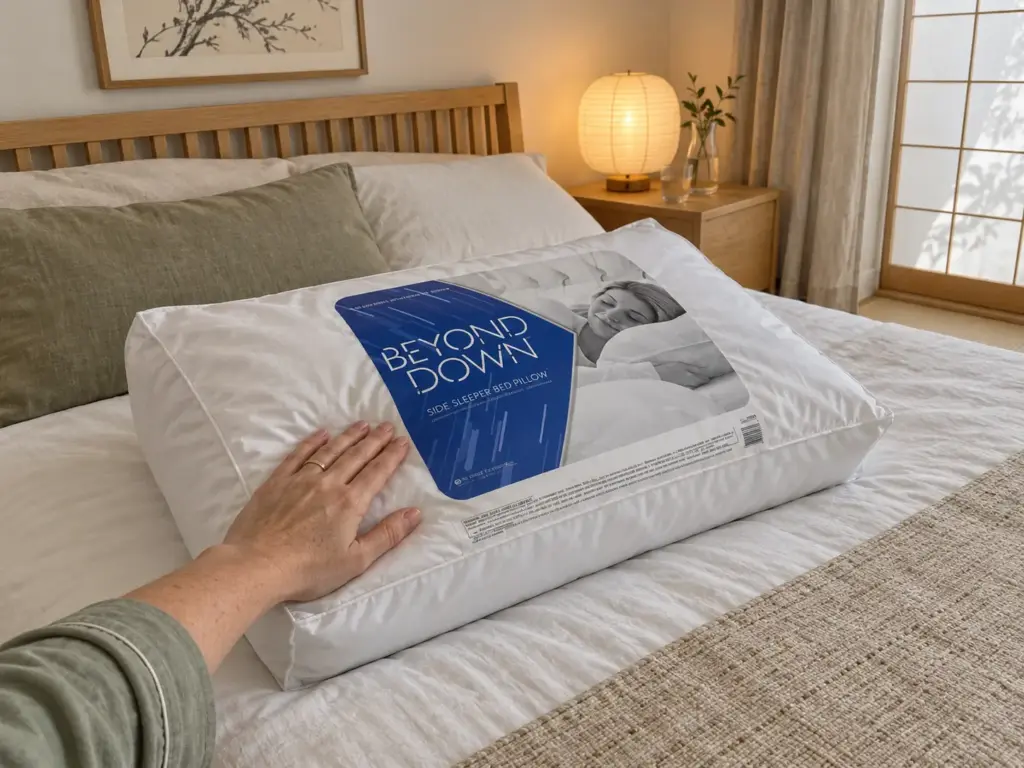 Gusseted side-sleeper pillow lying on a made bed, its boxed side wall visible, with a hand resting on top