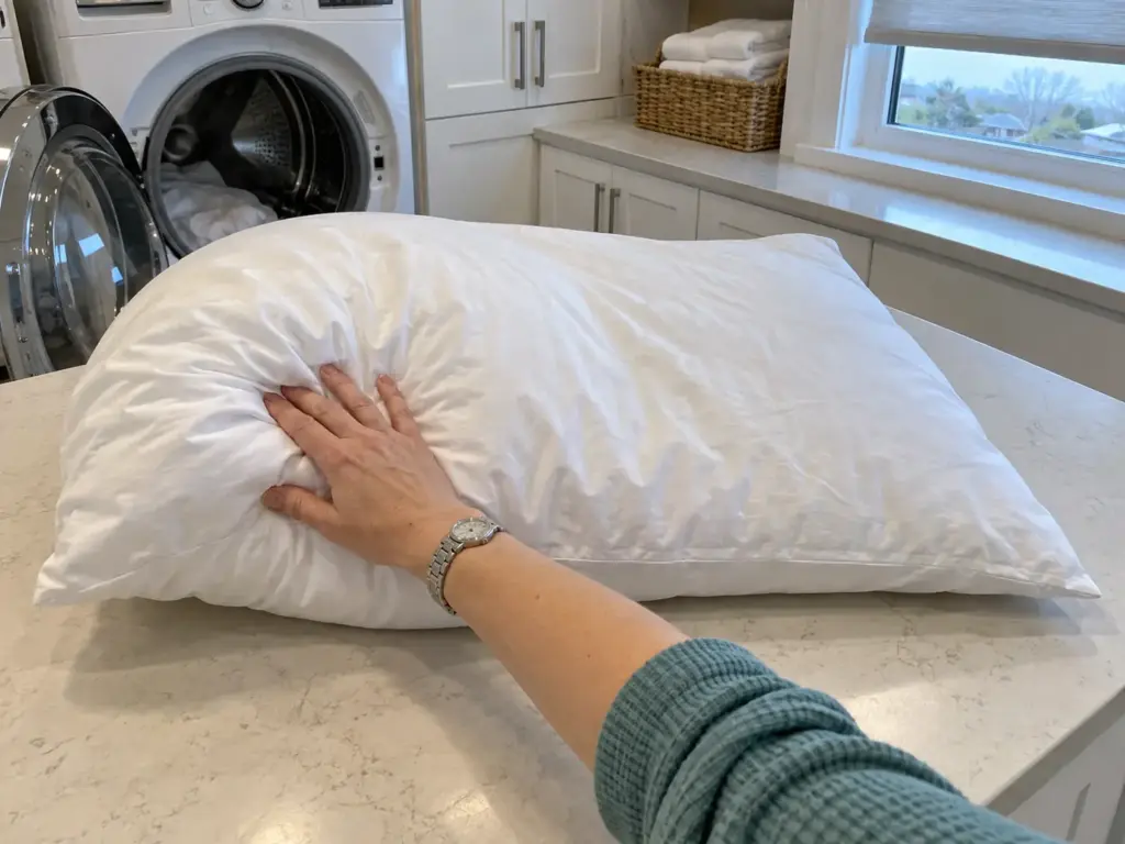 A polyester pillow on a laundry folding counter with its fill gathered at one end and a hand smoothing it