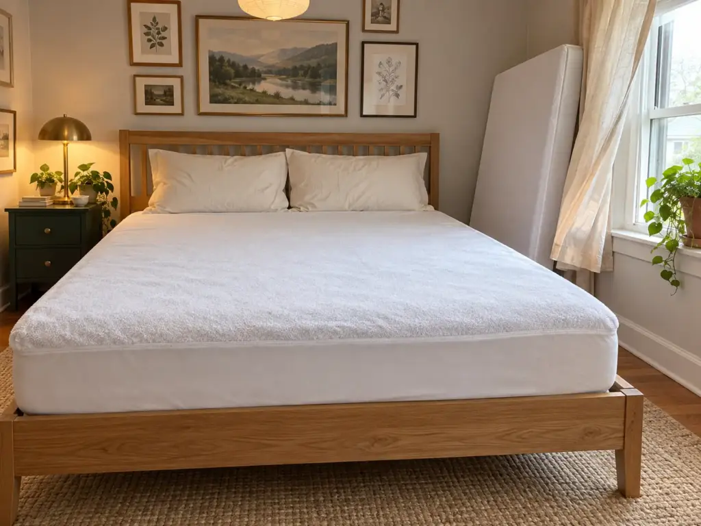 A cotton terry mattress protector fitted on a queen bed while the topper airs, leaning against the wall by an open window