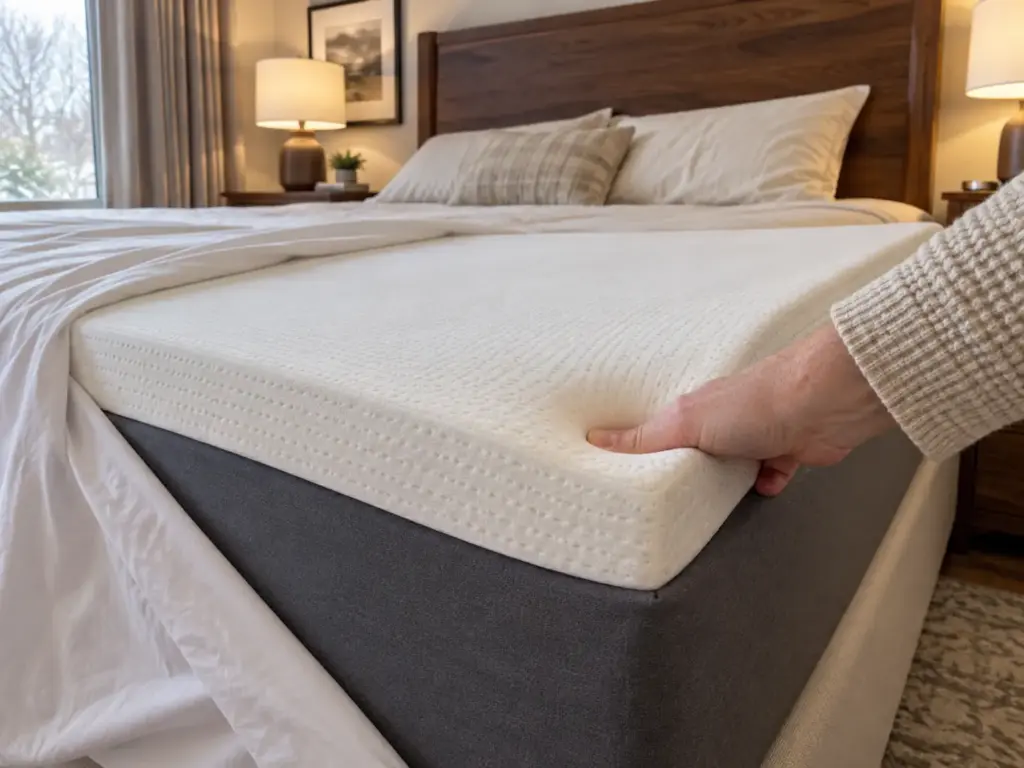 A thumb pressed into the corner of a memory foam topper leaving a slow-to-fill dent on a made queen bed